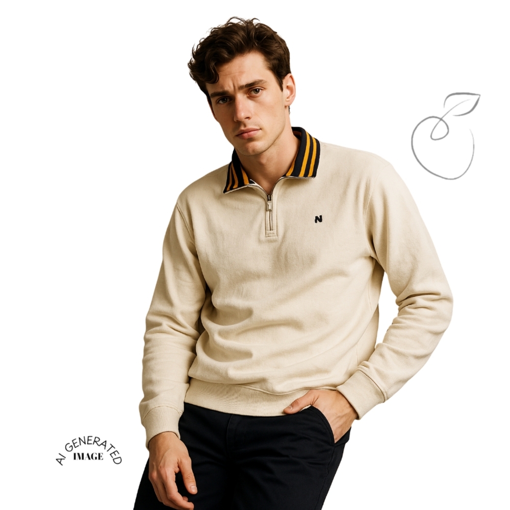 Izod Cream Quarter-Zip Sweater with Navy and Yellow Striped Collar